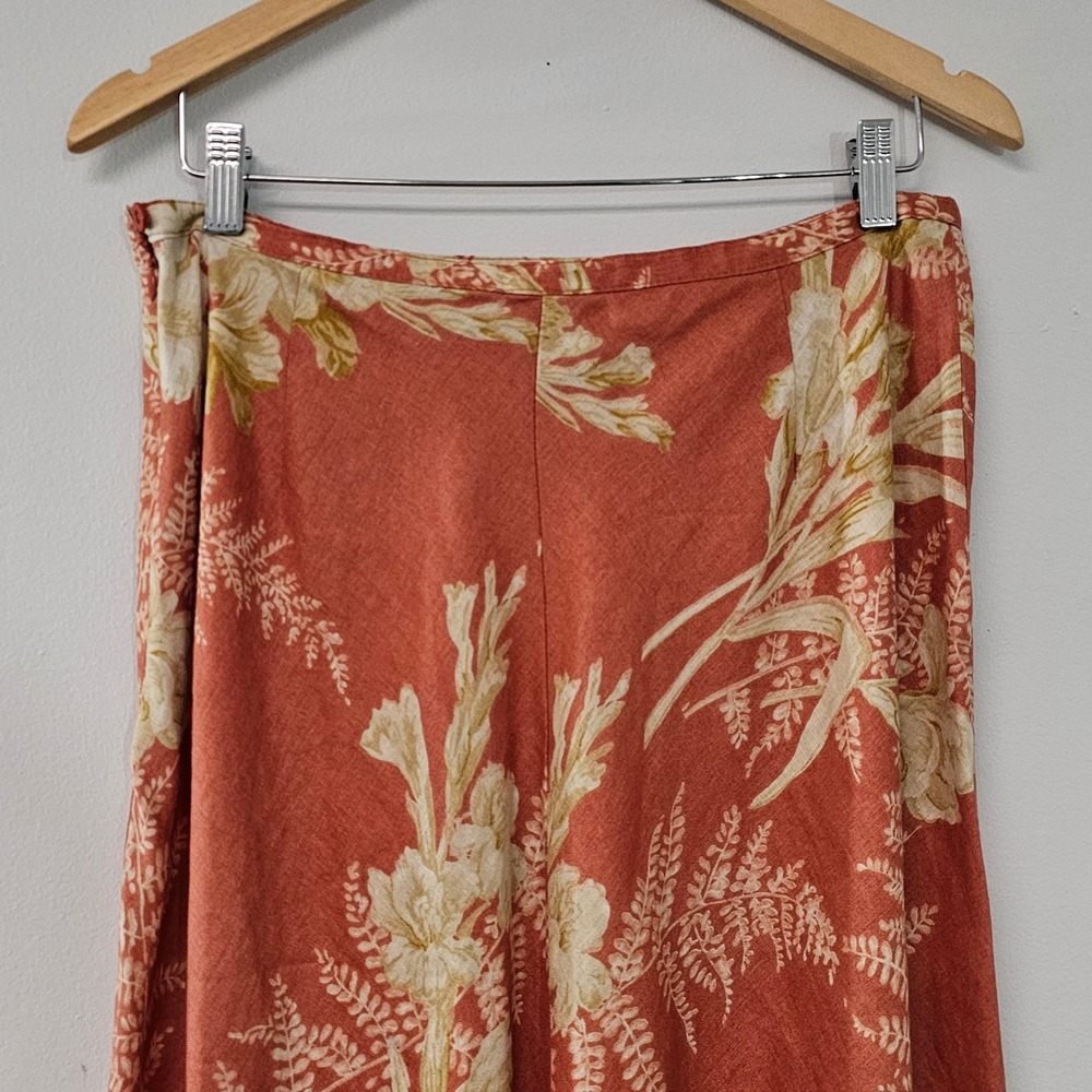 Vtg Liz Claiborne Linen Midi Skirt 16 Burnt Orange Cream Floral Earthy Boho Fall - Picture 10 of 10